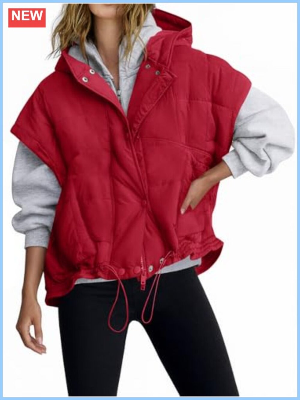 Oversized Hooded Quilted Puffer Vest Cap Sleeve Padded Warm Coat